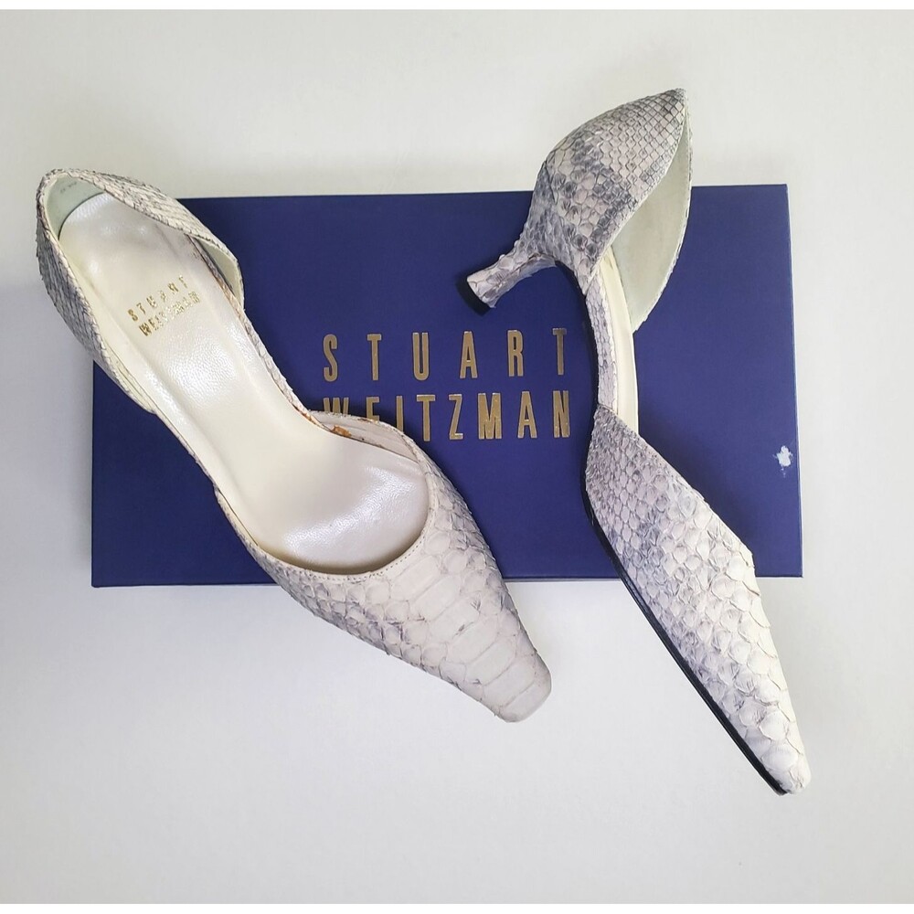 Stuart Weitzman Heels 6.5 White Gray Python Kitten Heel "Toucan Birch Velvet"